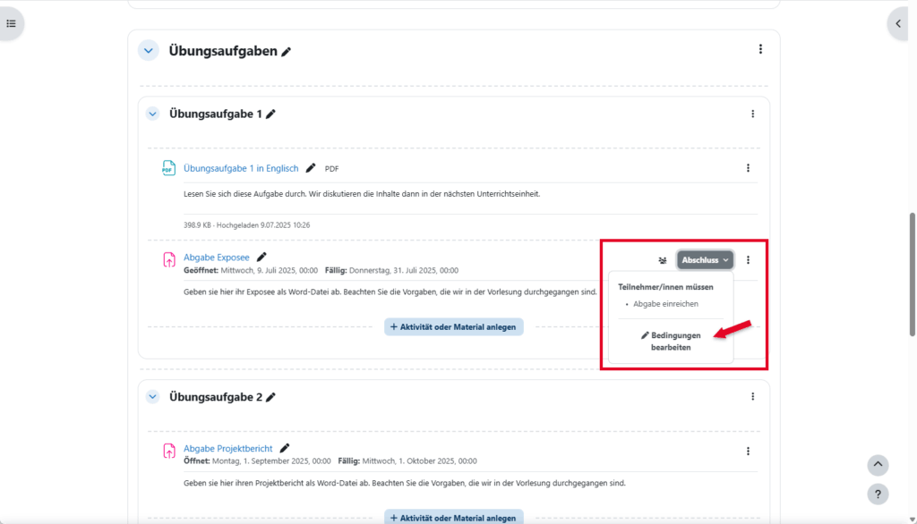 Screenshot: Moodle Kursseite zeigt ein aufgeklapptes Kontextmenü für den Schnellzugriff um Bedingungen für den Aktivitätsabschluss zu bearbeiten.