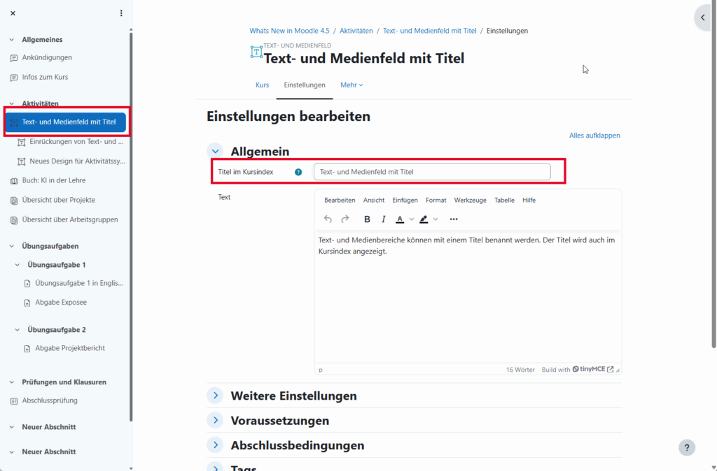 Screenshot: Einstellungsseite für das Material "Text- und Medienfeld" zeigt neues Feld für Titel.
