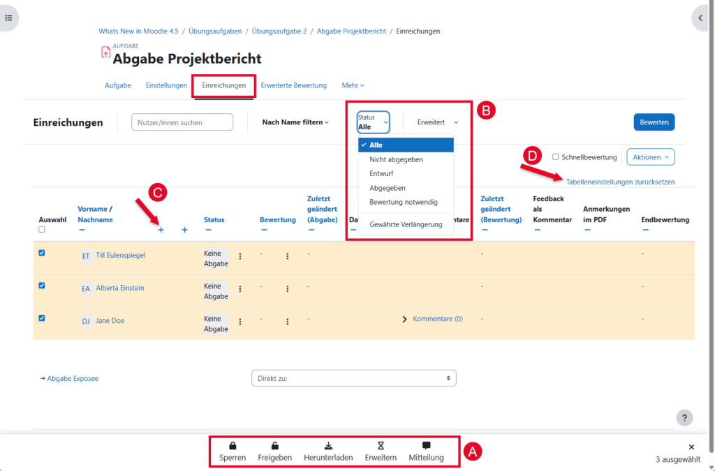 Screenshot: Die Bewertungsseite der Aktivität Aufgabe zeigt die Filter- und Bulk-Funktionen.