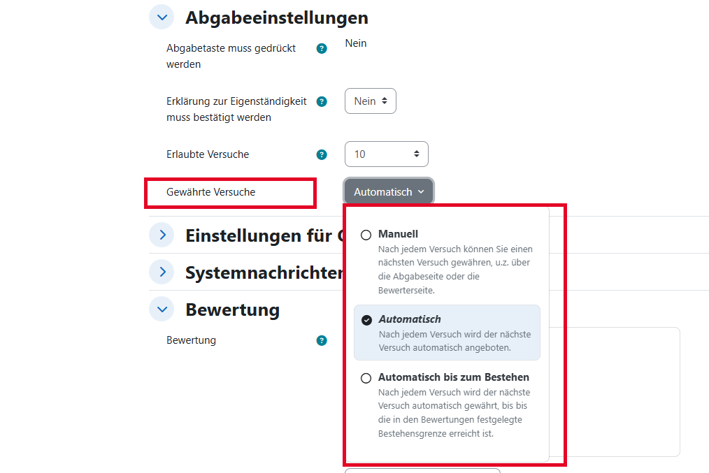 Screenshot: die Einstellungsseite der Aufgabe zeigt die zusätzliche Funktion "Gewährte Versuche" mit den Auswahlmöglichkeiten: manuall, automatisch und automatisch bis zum Bestehen.