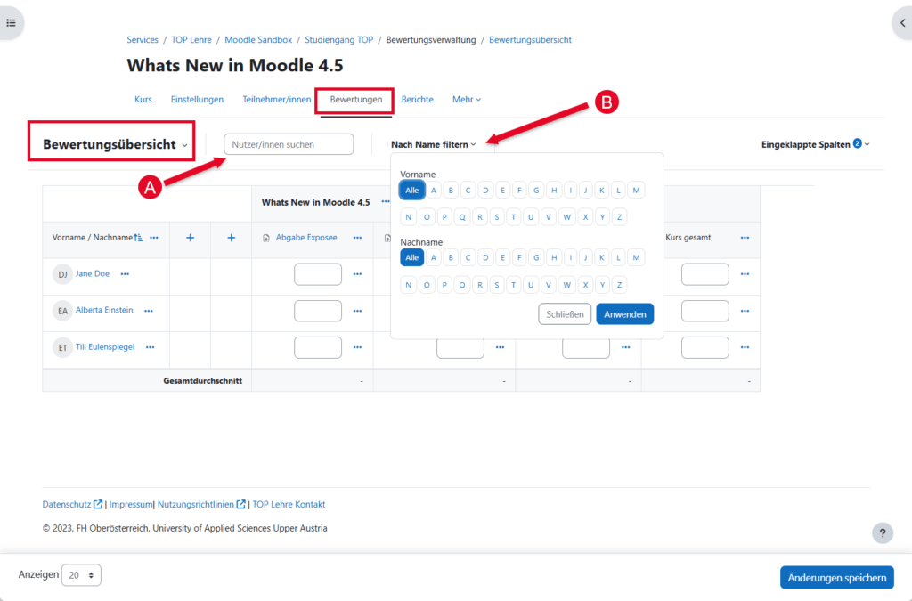 Screenshot: Im Kurs unter Bewertung wird der Filter nach Kursteilnehmer*innen in der Bewertungsübersicht gezeigt.