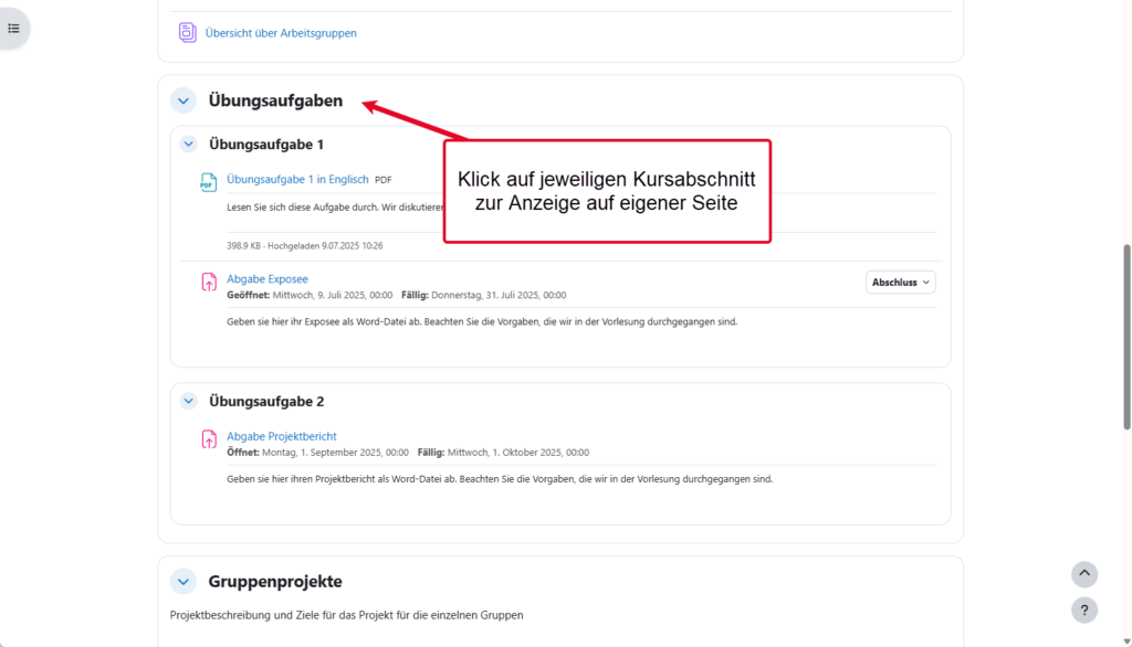 Screenshot: zeigt eine Moodle Kursseite mit Hinweis auf den Kursabschnitt, der durch Anklicken in einem neuen Fenster geöffnet wird.