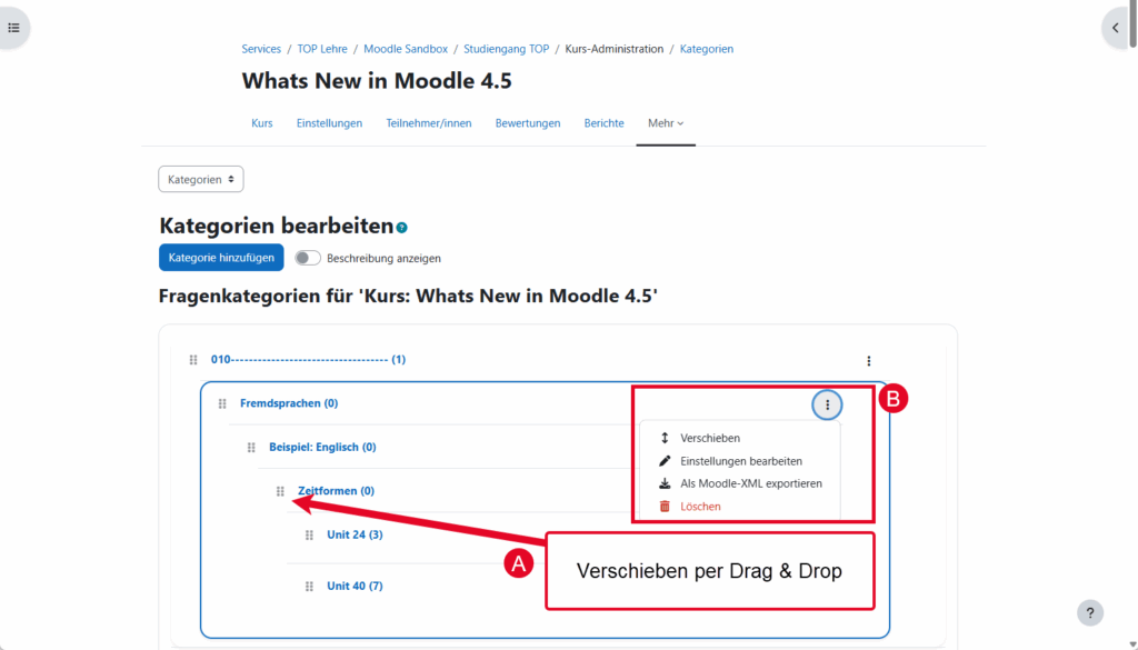 Screenshot: Seite "Kategorien bearbeiten" zeigt wie Kategorien per Drag&Drop verschoben werden können.