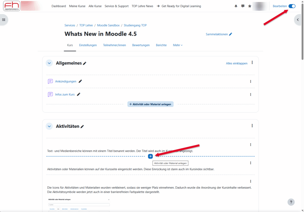 Screenshot: Moodle Kursseite zeigt wie Aktivitäten und Materialien zur Kursseite hinzugefügt werden können.