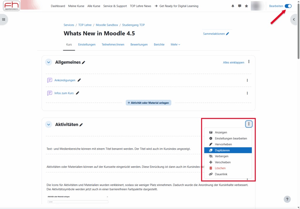 Screenshot: Moodle Kursseite im Bearbeitungsmodus zeigt das aufgeklappte Menü um Kursabschnitte zu duplizieren.