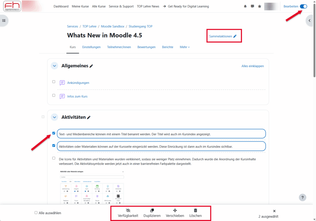 Screenshot: Moodle Kursseite im Bearbeitungsmodus zeigt die Sammelbearbeitung, konkret die Checkboxen für die Auswahl mehrerer Aktionen.