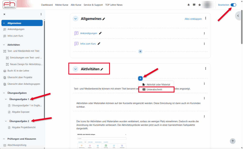 Screenshot: Moodle Kursseite zeigt wie ein Unterabschnitte eingefügt wird.