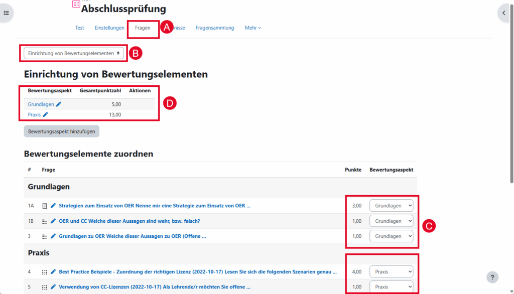 Screenshot: zeigt wie separate Bewertungen für die Aktivität Test eingerichtet werden.