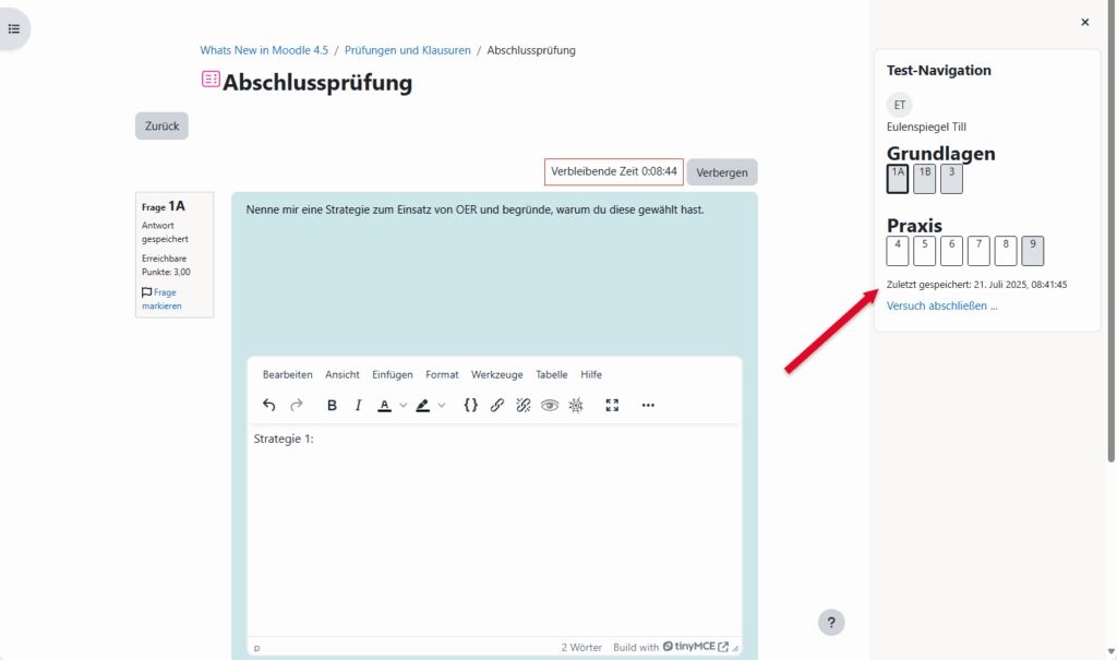 Screenshot: Anzeige des Zeit- und Datumwertes der (Zwischen)Speicherung der Eingaben der Studierenden