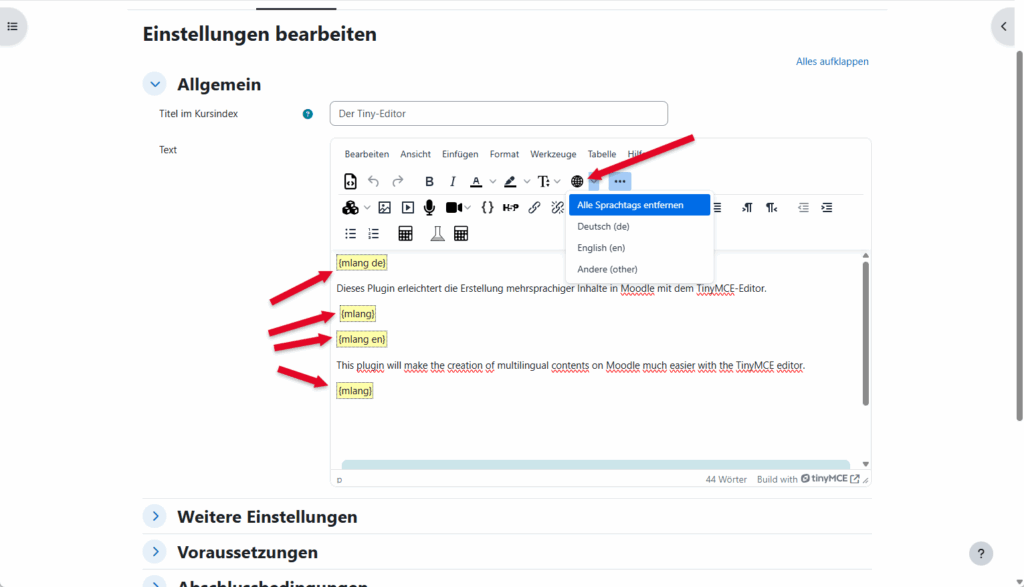 Screenshot: TinyMCE-Editor zeigt das Icon im Menü für das Plugin "Mehrsprachiger Inhalt".
