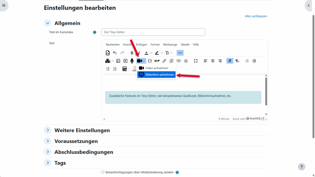 Screenshot: TinyMCE-Editor zeigt das Icon im Menü für das Aufzeichnen des Bildschirms.