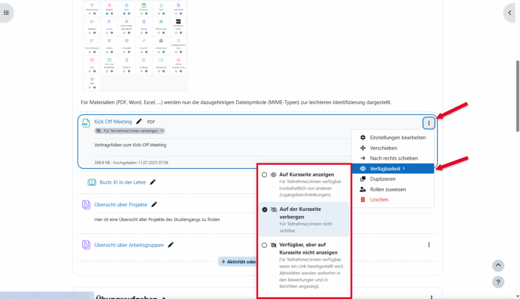 Screenshot: Moodle Kursseite zeigt ein aufgeklapptes Kontextmenü für die Änderung der Verfügbarkeit einer Aktivität.