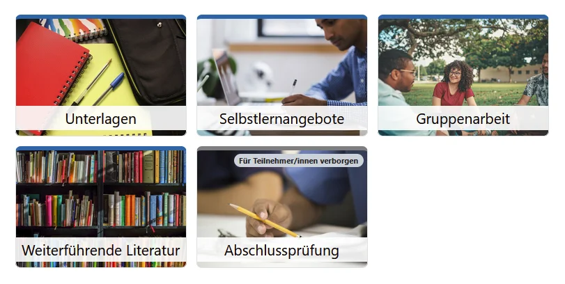 Abbildung 1.5 zeigt einen kleinen Ausschnitt eines Moodlekurses mit 5 Kacheln mit jeweils Bild und Titel als Einstiegspunkt für die Kursabschnitte.